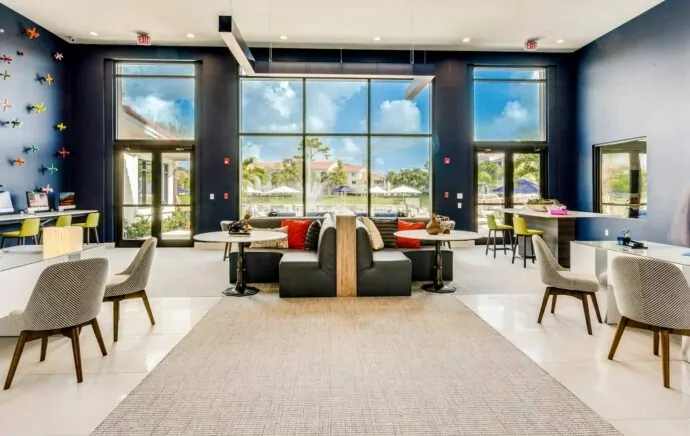 Clubhouse interiors in Arbor Oaks apartment designed by Annette Jaffe