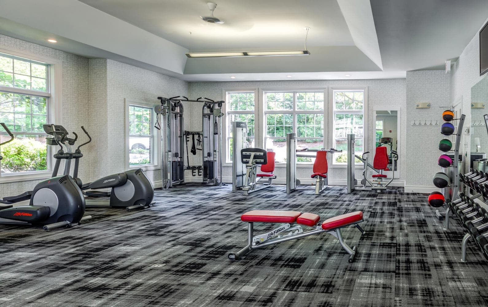 Fitness center in Essex residence designed by Annette Jaffe Interiors
