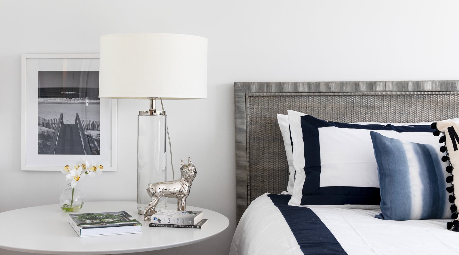Hamptons boathouse bedroom decor by Annette Jaffe Interiors