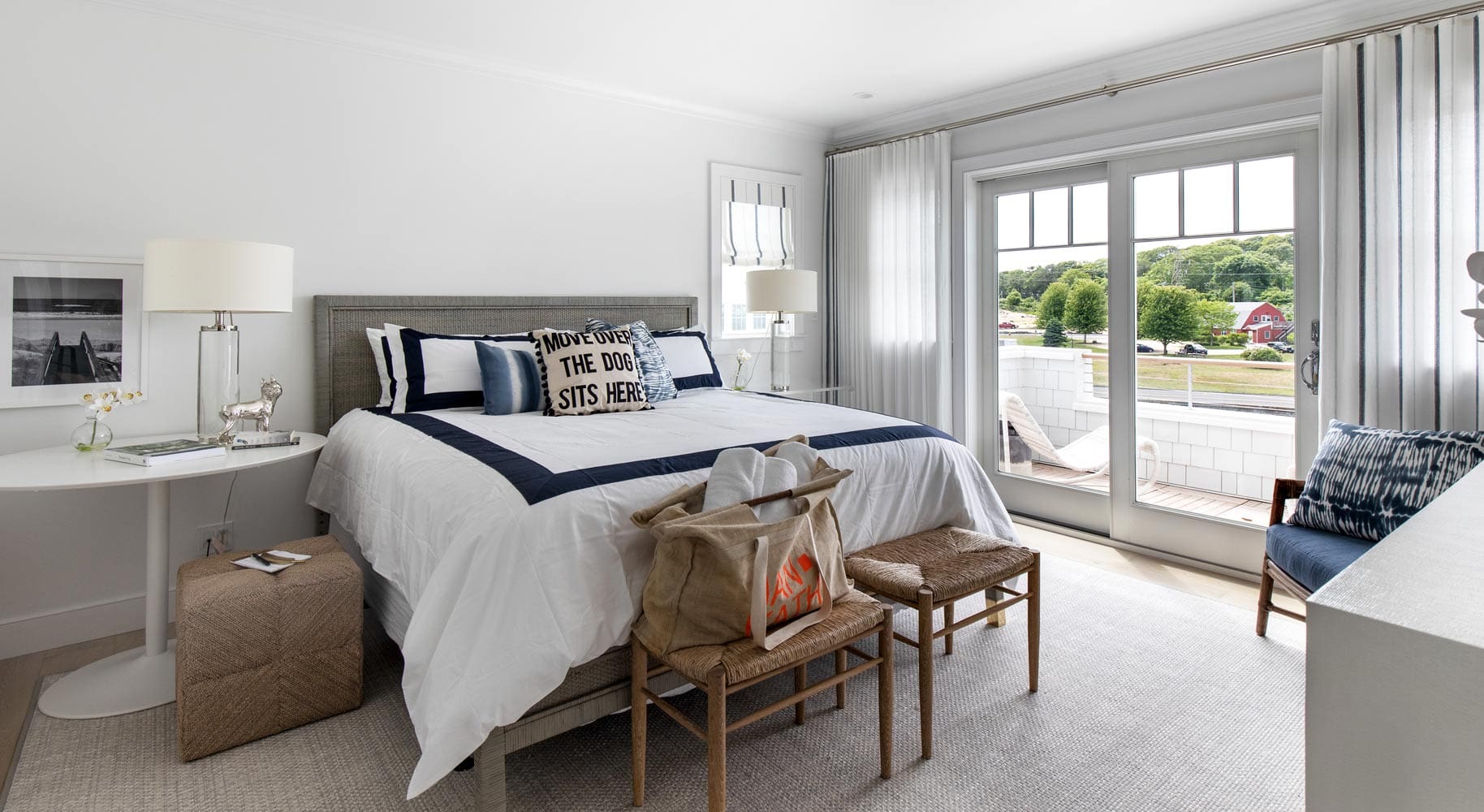 Hamptons boathouse bedroom interior design by Annette Jaffe Interiors