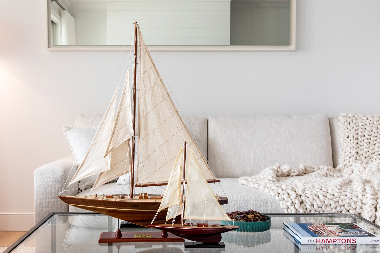 Living room decor in a Hamptons boathouse designed by Annette Jaffe Interiors
