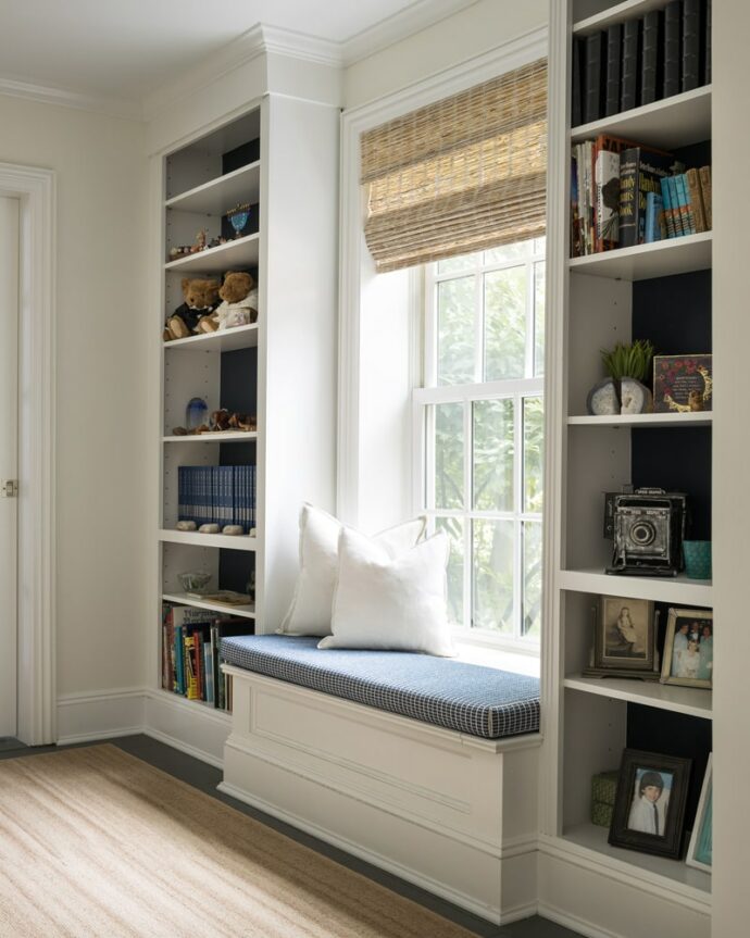 Window seat designed by Annette Jaffe Interiors in a family home on Long Island
