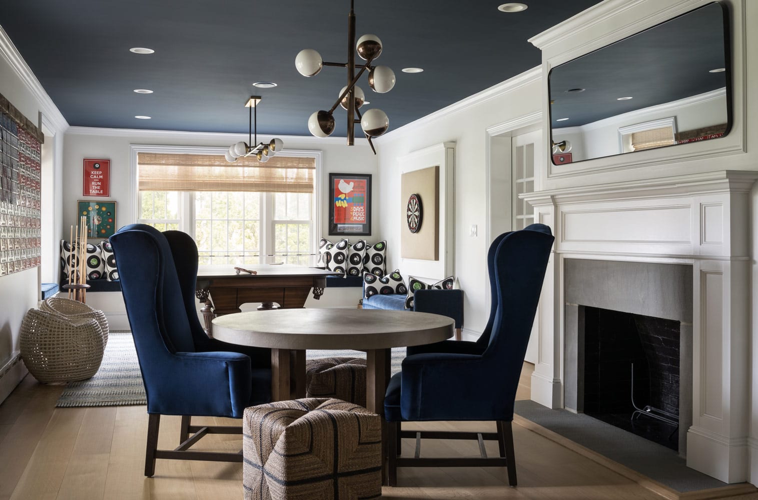 Game room interior design by Annette Jaffe Interiors in a family home on Long Island