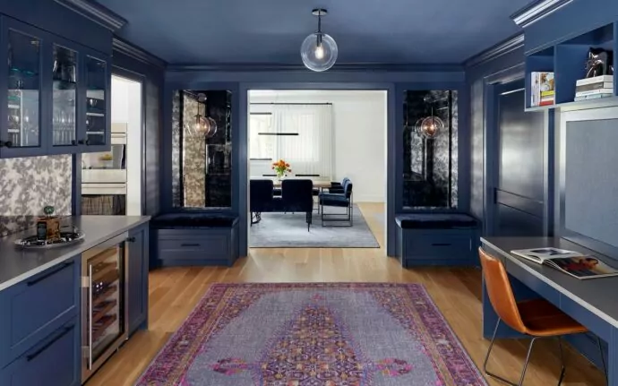 The all-blue room with bar and homework area in a Sands Point home