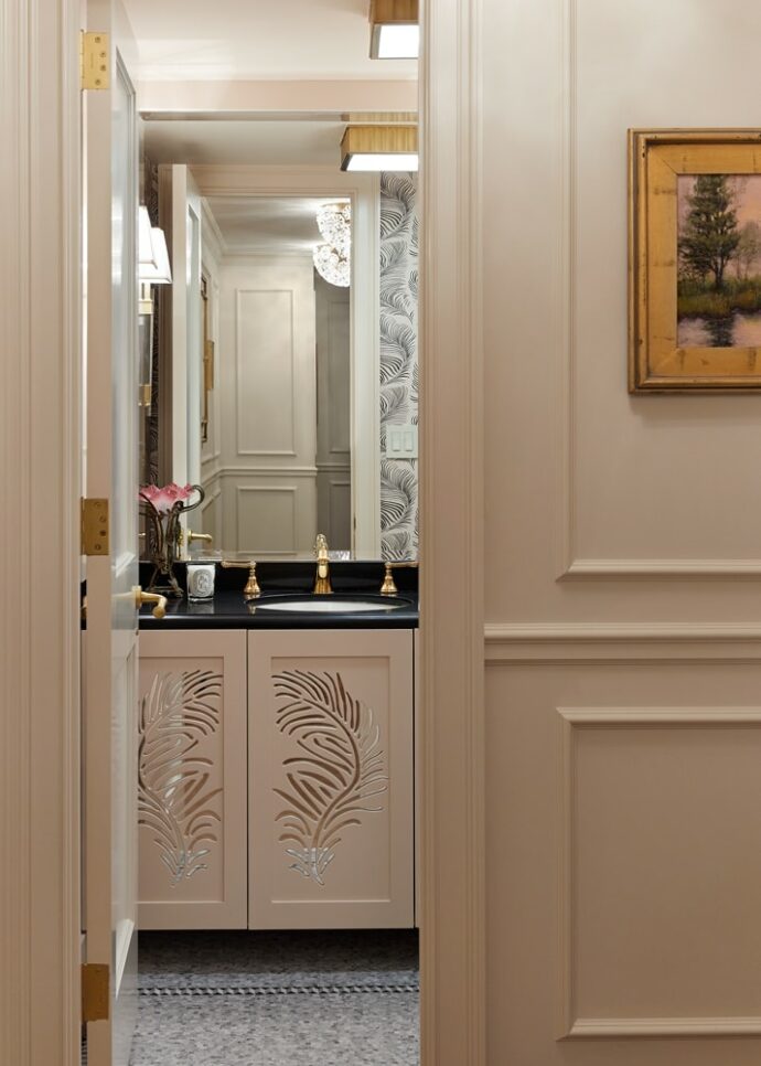 Powder room designed by Annette Jaffe Interiors in a NYC apartment
