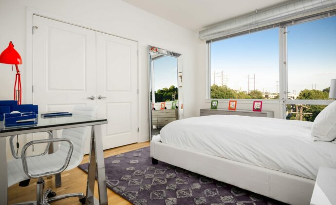 Bedroom decor design by Annette Jaffe Interiors in Venice Lofts apartment complex