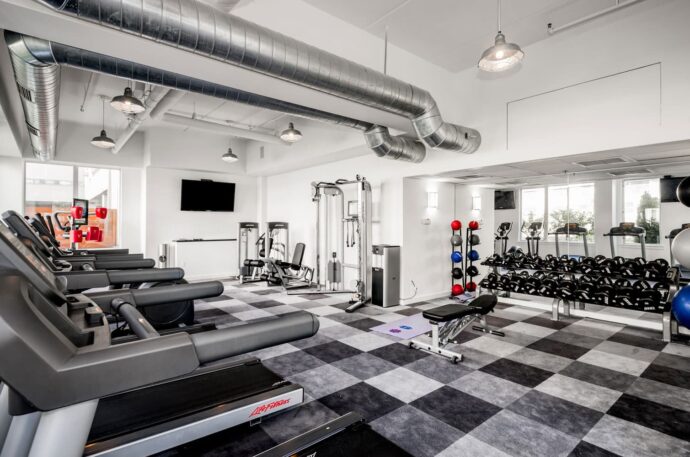 State-of-the-art fitness center in Venice lofts designed by Annette Jaffe Interiors