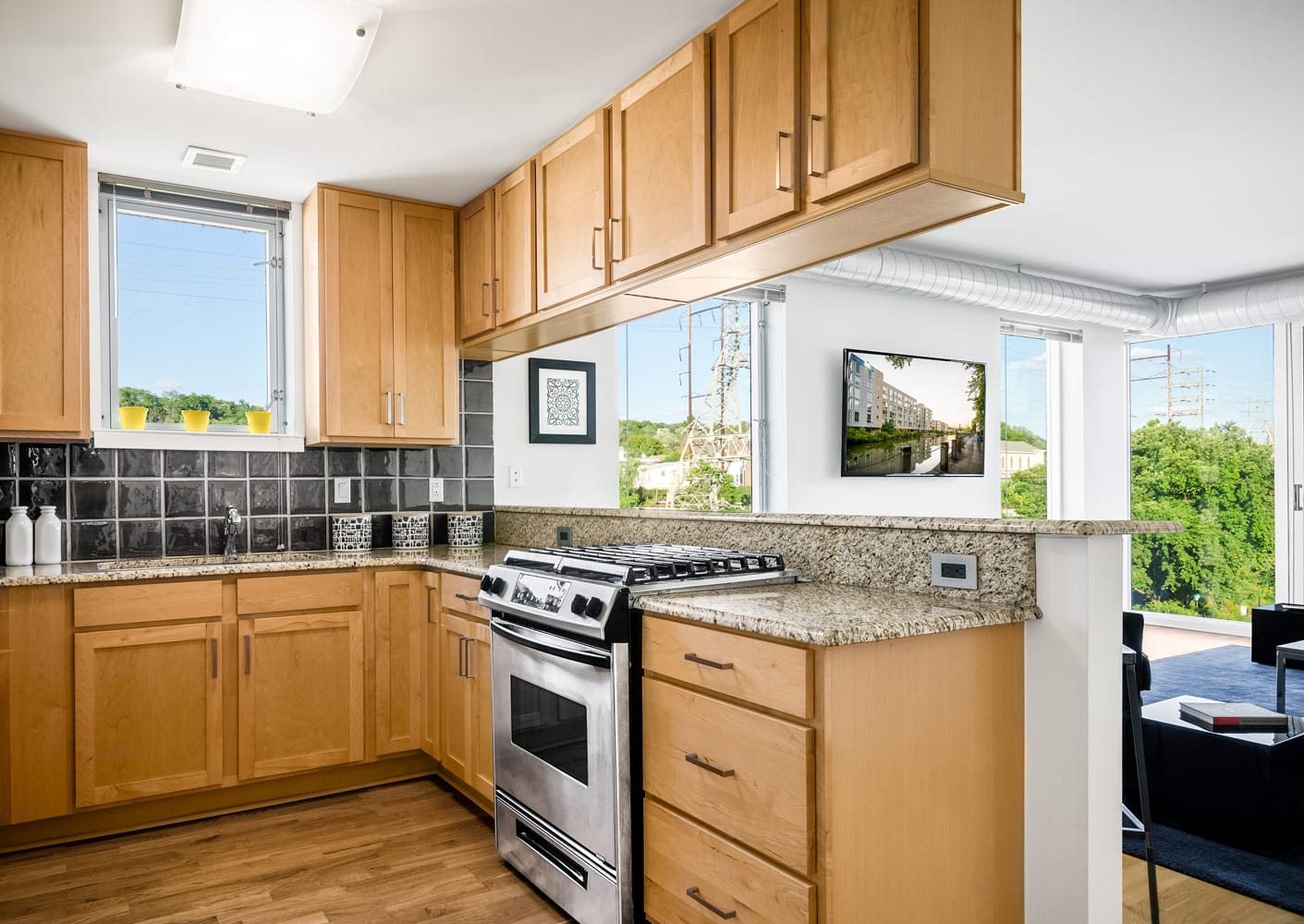 Gourmet kitchen with stainless steel appliances and granite countertops in Venice Lofts