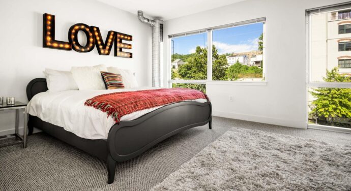Venice Lofts master bedroom interiors designed by Annette Jaffe Interiors