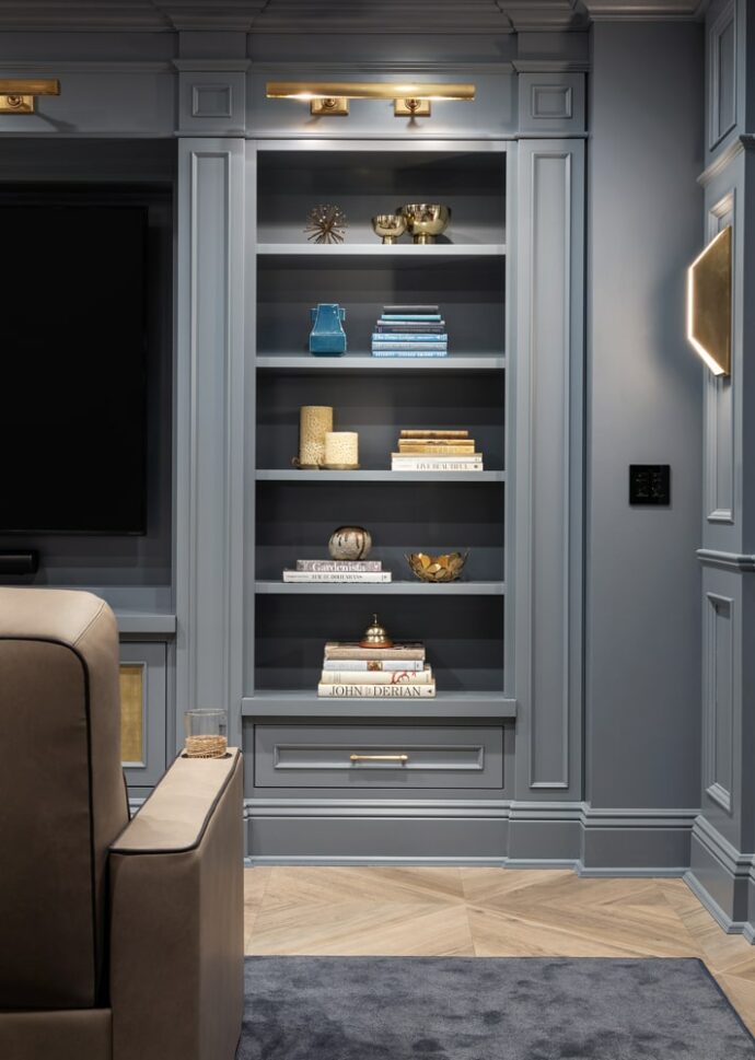 Sands Point basement media room cabinet decor by Annette Jaffe Interiors
