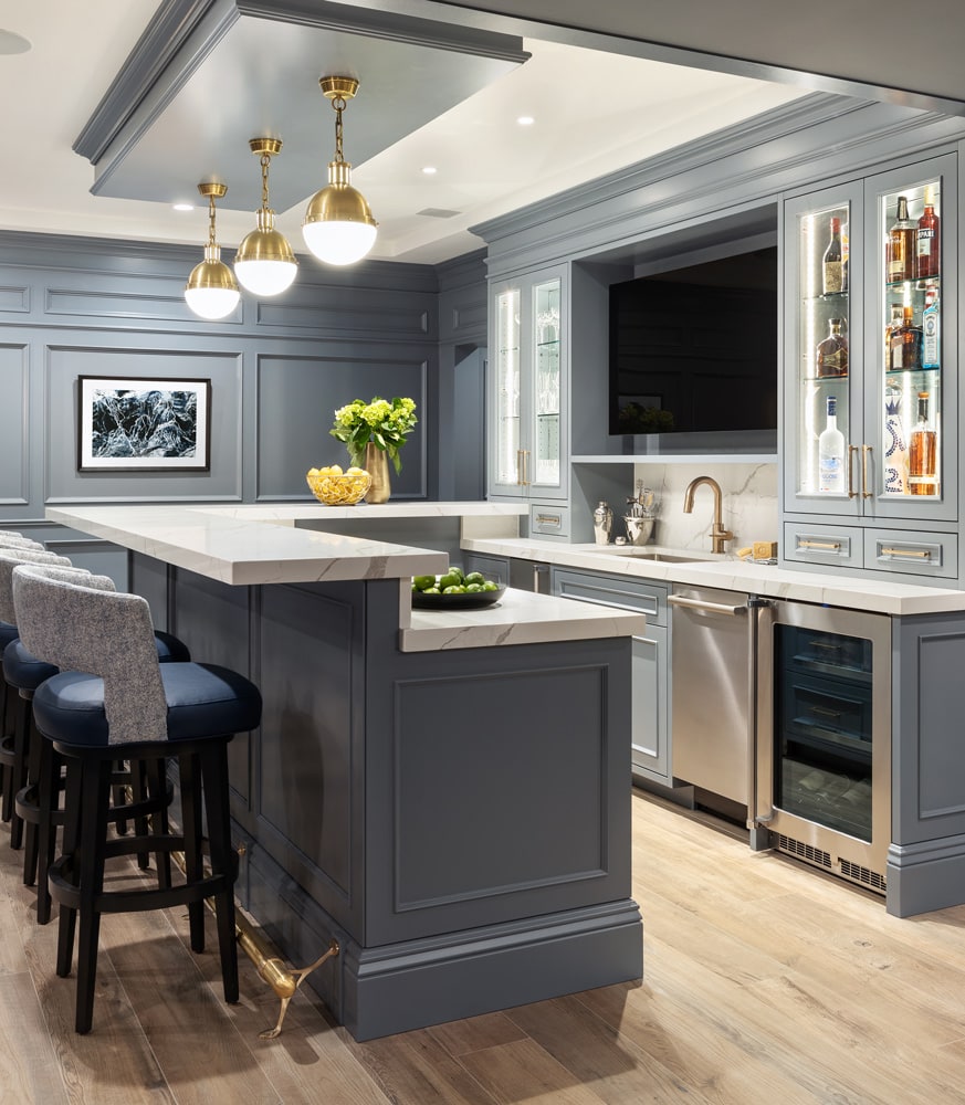 Basement home bar design by Annette Jaffe Interiors in Sands Point