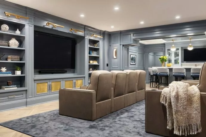 Sands Point basement media room design by Annette Jaffe Interiors