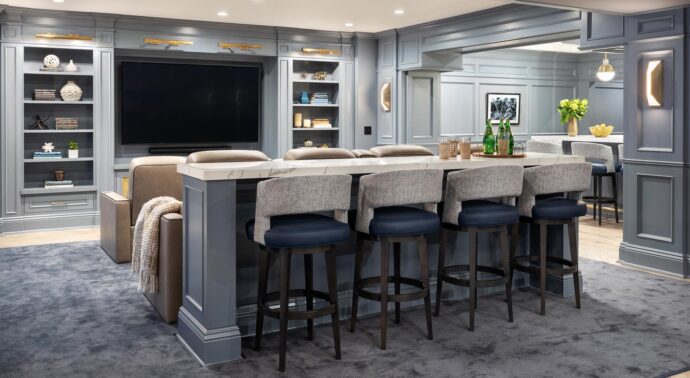 Sands Point basement media room interior design by Annette Jaffe Interiors